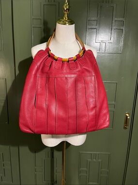 Red Leather Shoulder Bag with Tan Leather Handles